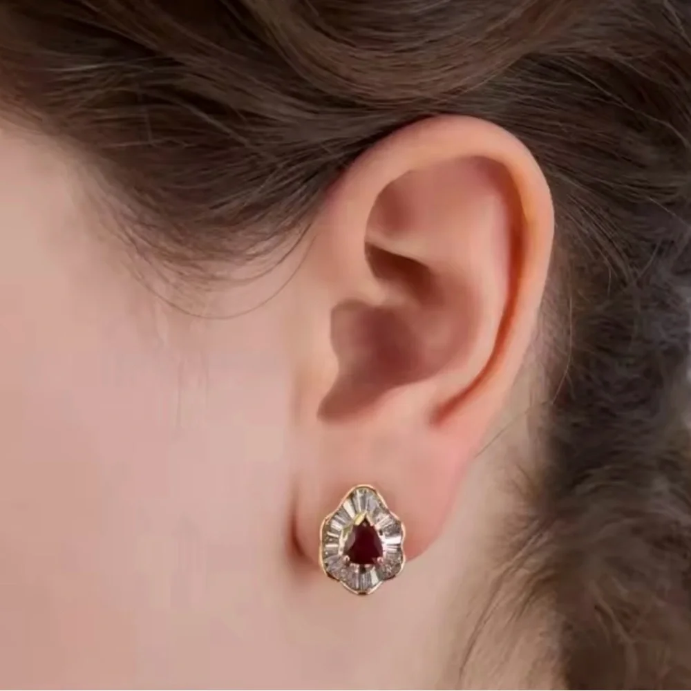 14k Pear Cut Ruby Earrings - Picture 8 of 15